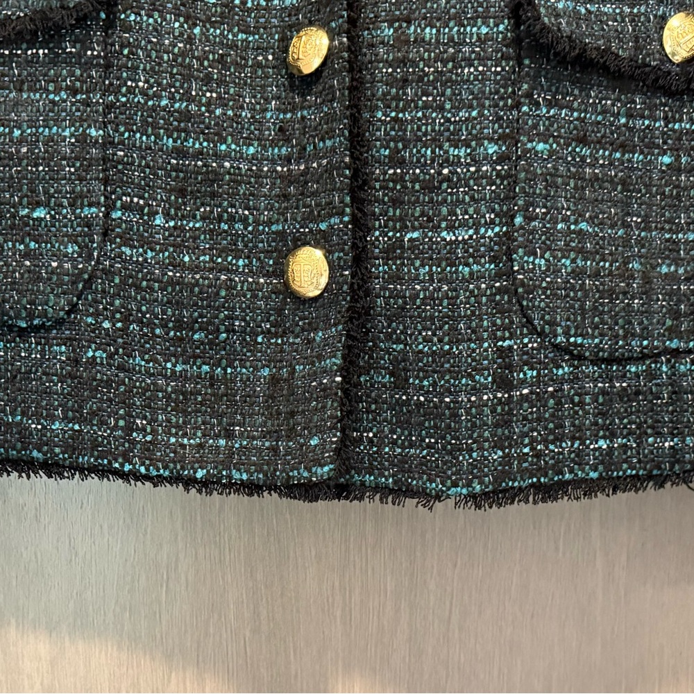 Talbots Black and Green Tweed Blazer Fringed Edges Women Size 14 Classy Loom - Picture 3 of 11